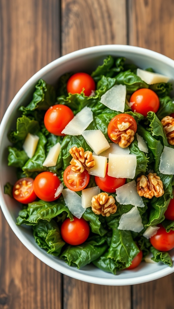 Parmesan Kale Salad Recipe A fresh kale salad with Parmesan cheese, cherry tomatoes, and walnuts in a bowl on a wooden table.